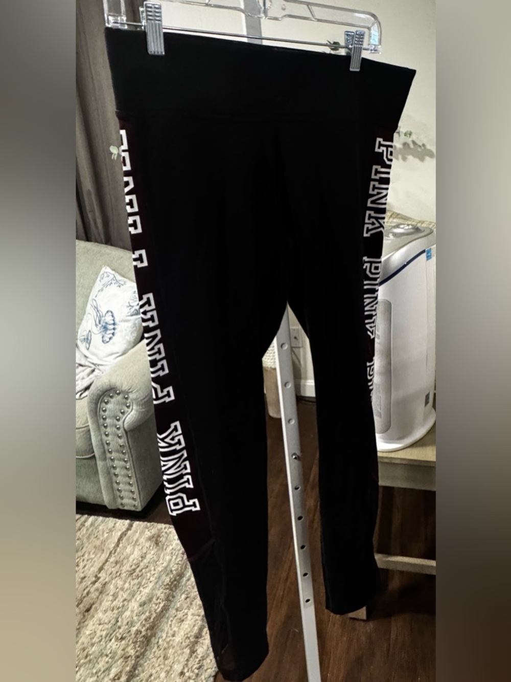 PINK Victoria's Secret Black, White and Burgundy Logo Leggings with sheer bottom
